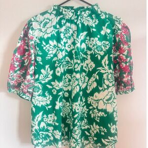 Periwinkle Collection Green Floral Blouse Pink Embroidered Puff Sleeve XL